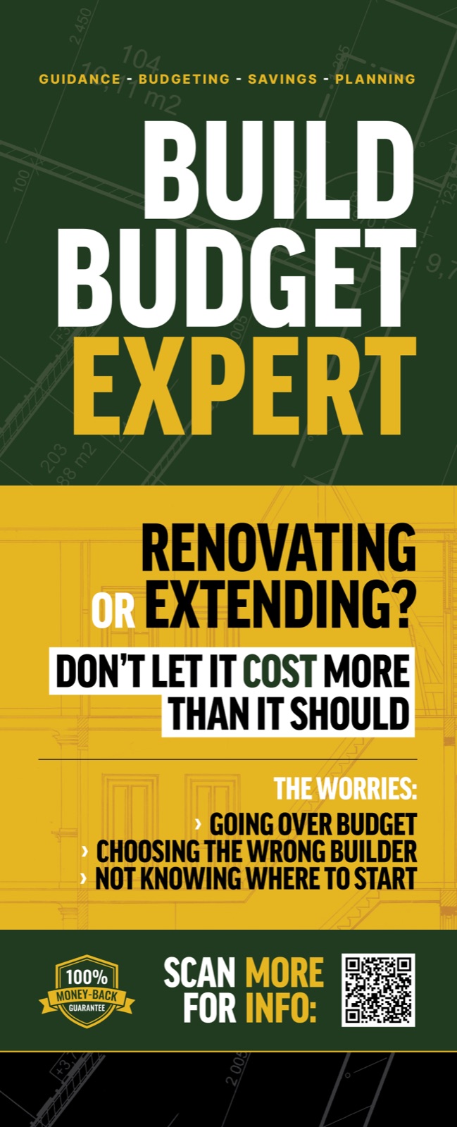 Build Budget Expert roller banner in dark green and gold