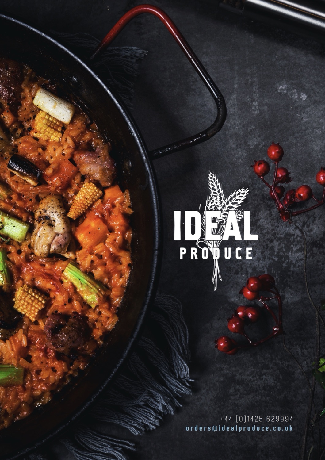 Ideal Produce catalogue cover: dramatic food photography with the Ideal Produce wordmark