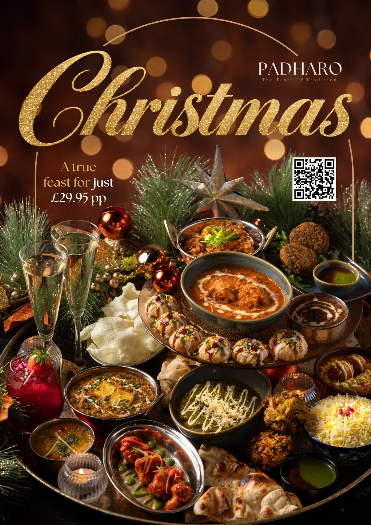 The Padharo Christmas campaign, a full feast photographed under gold script