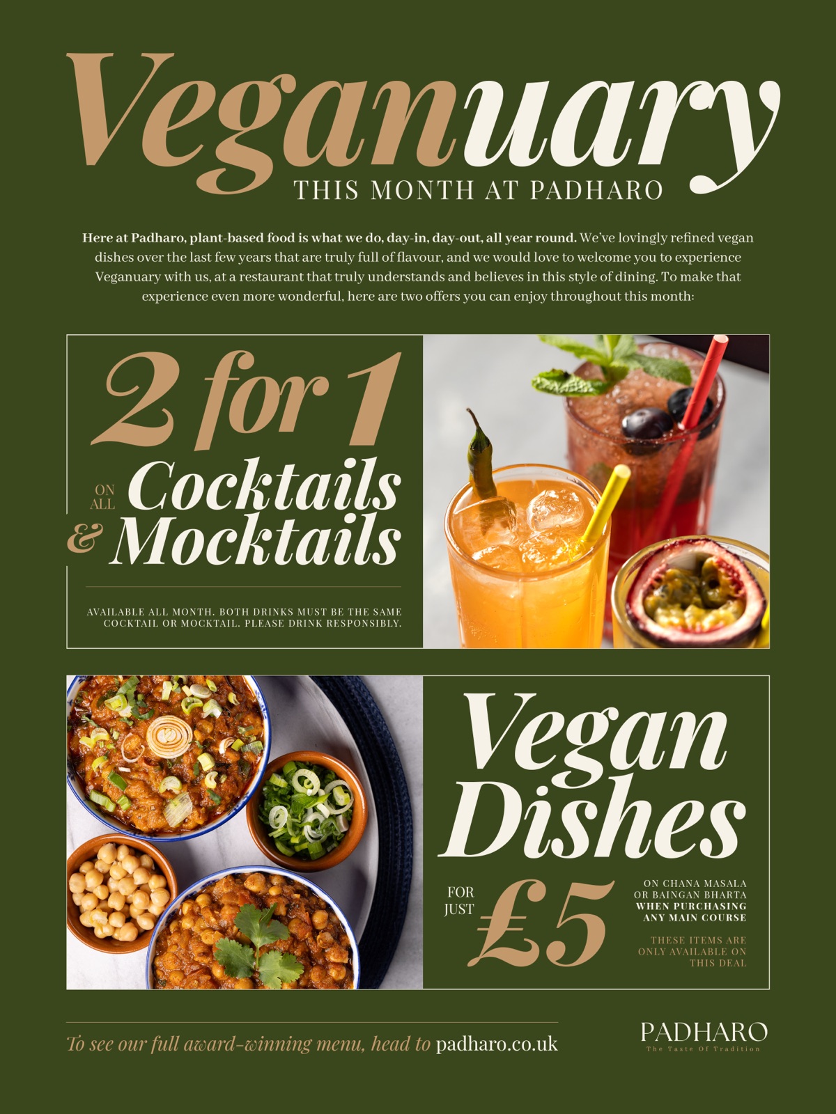 Padharo Veganuary campaign poster with seasonal vegan offers
