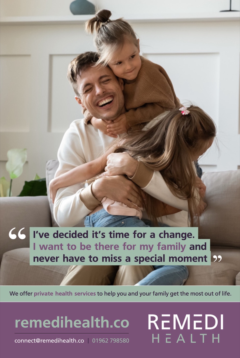 Remedi Health poster: a father with his children, with a private health services message