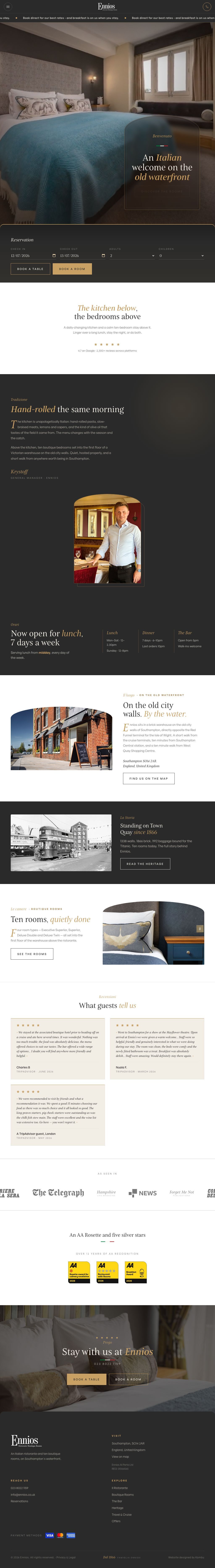 Ennio's Italian restaurant and boutique hotel website on Southampton's waterfront