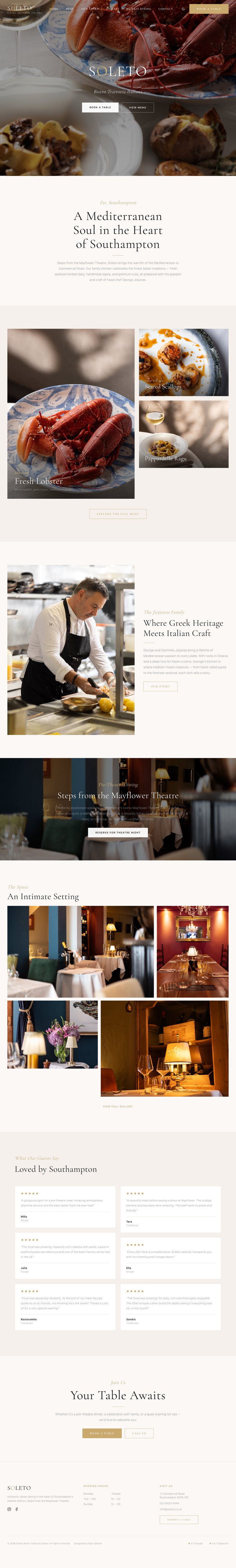 Soleto Italian Restaurant - bespoke website design with dark theme, gallery and private dining pages