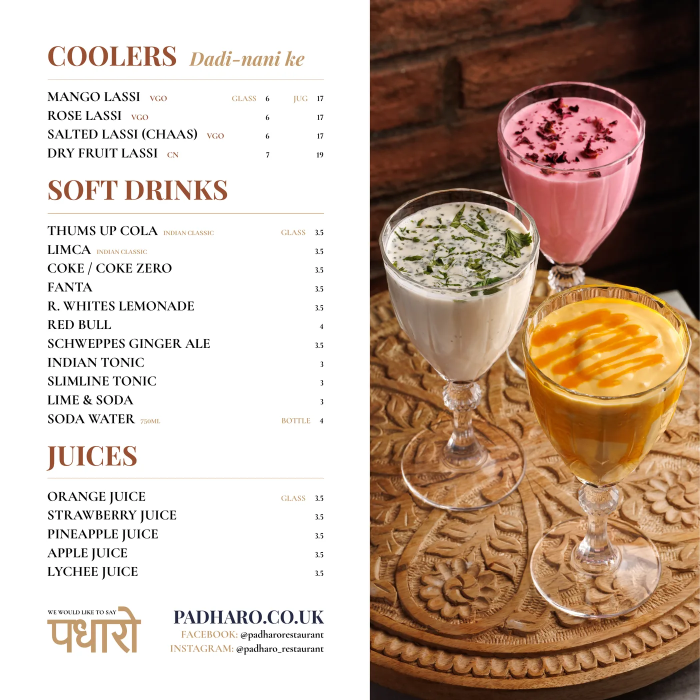 Drinks menu back page: lassis, soft drinks and juices beside three lassis on a carved wooden tray