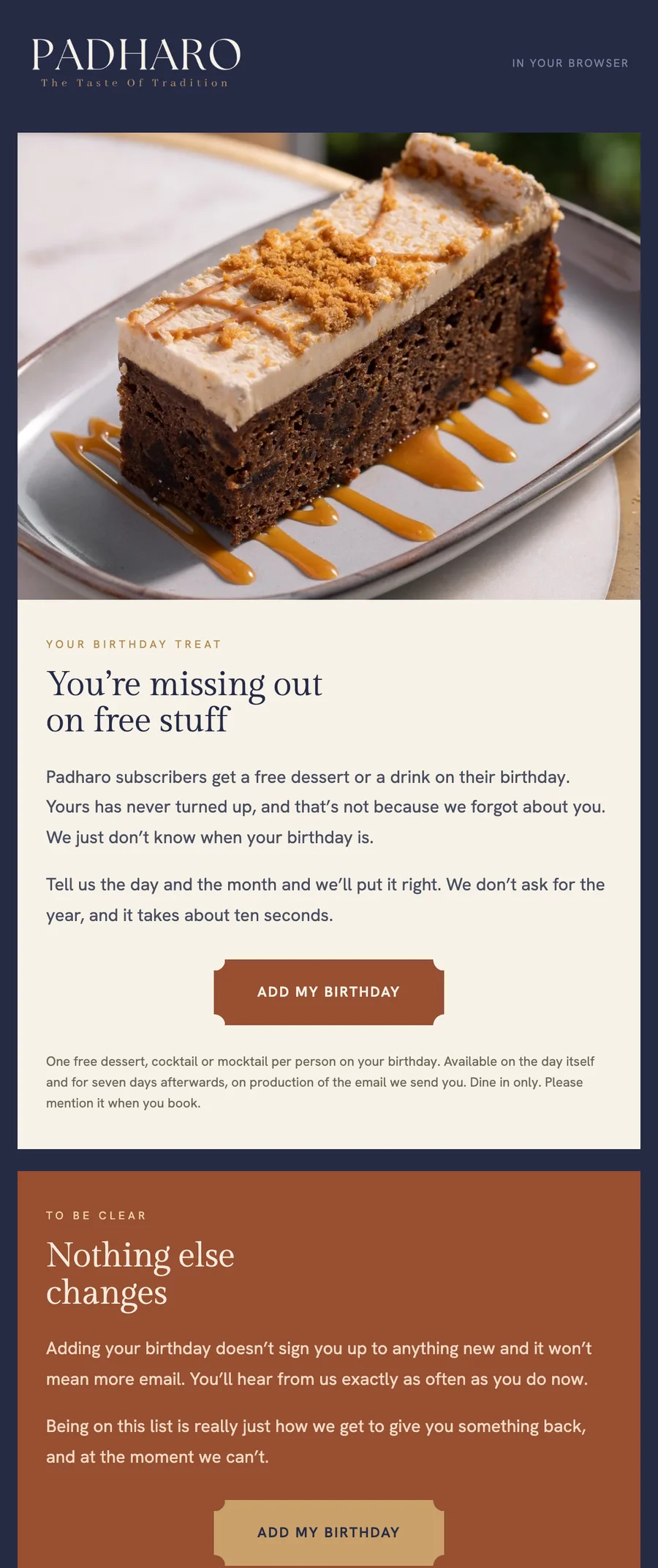 Padharo email asking subscribers for their birthday so they can be sent a free treat