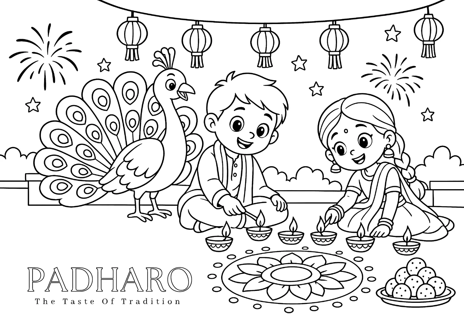 Padharo kids menu colouring side: two children at Diwali with a peacock, lanterns and diyas to colour in