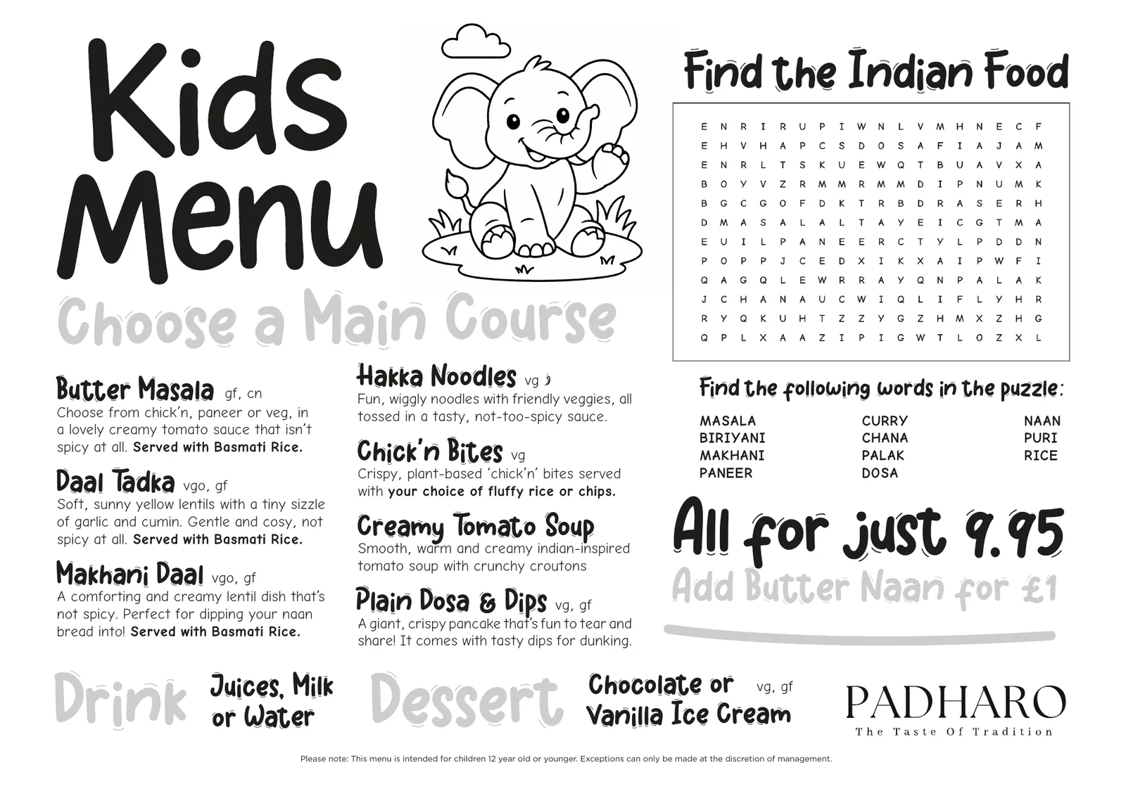 Padharo kids menu: main courses to choose from and a word search, all for one price