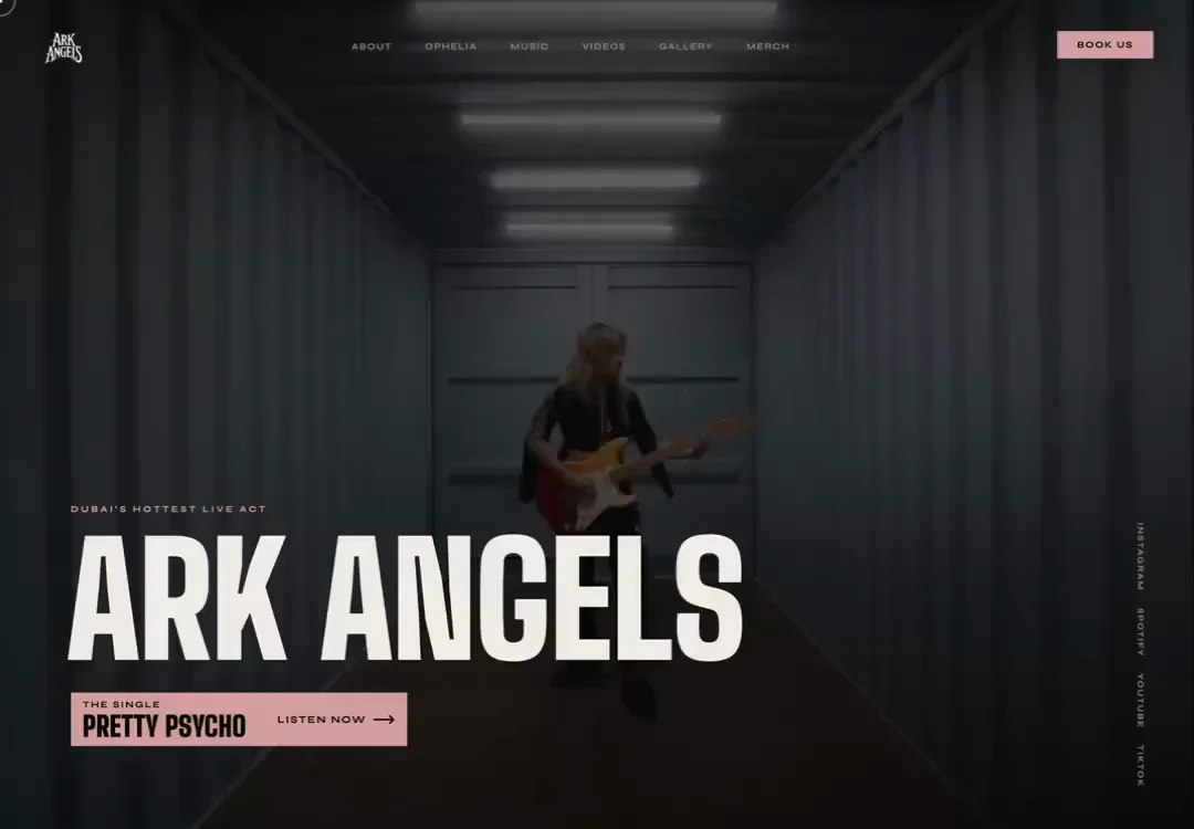 Ark Angels community music platform website with event listings and bold layout
