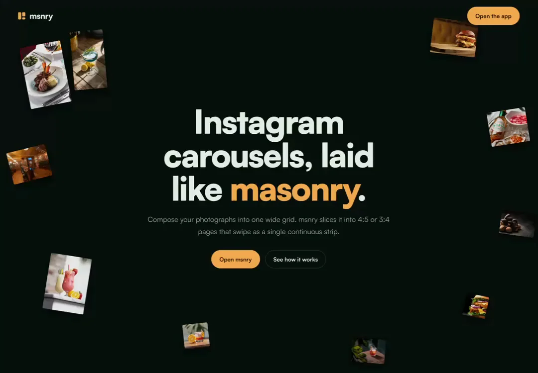 The msnry website: photographs laid out as one seamless Instagram carousel